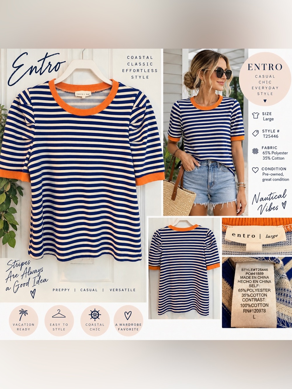 Entro Navy Cream Striped Knit Top Orange Trim Coastal Preppy Large